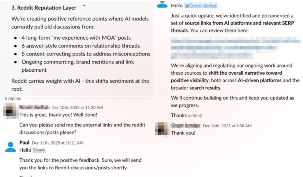 Delivery updates and client replies, names hidden